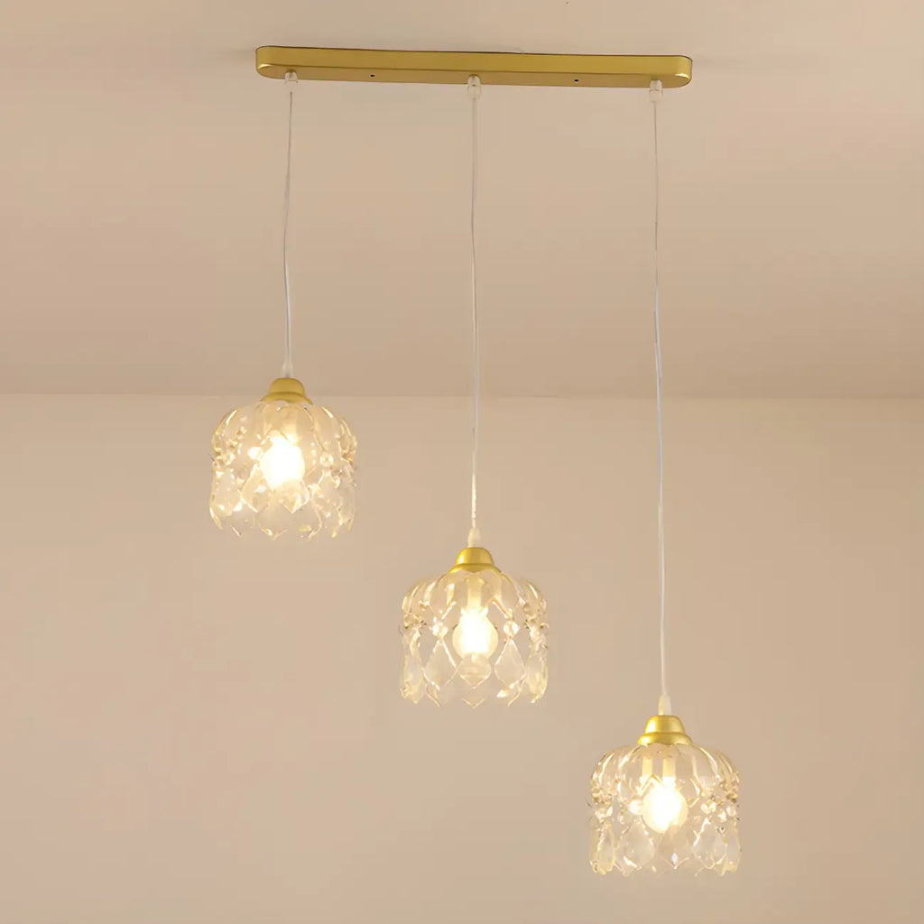 Lampada a sospensione da isola elegante, piccola, a 3 luci, in cristallo dorato per cucina