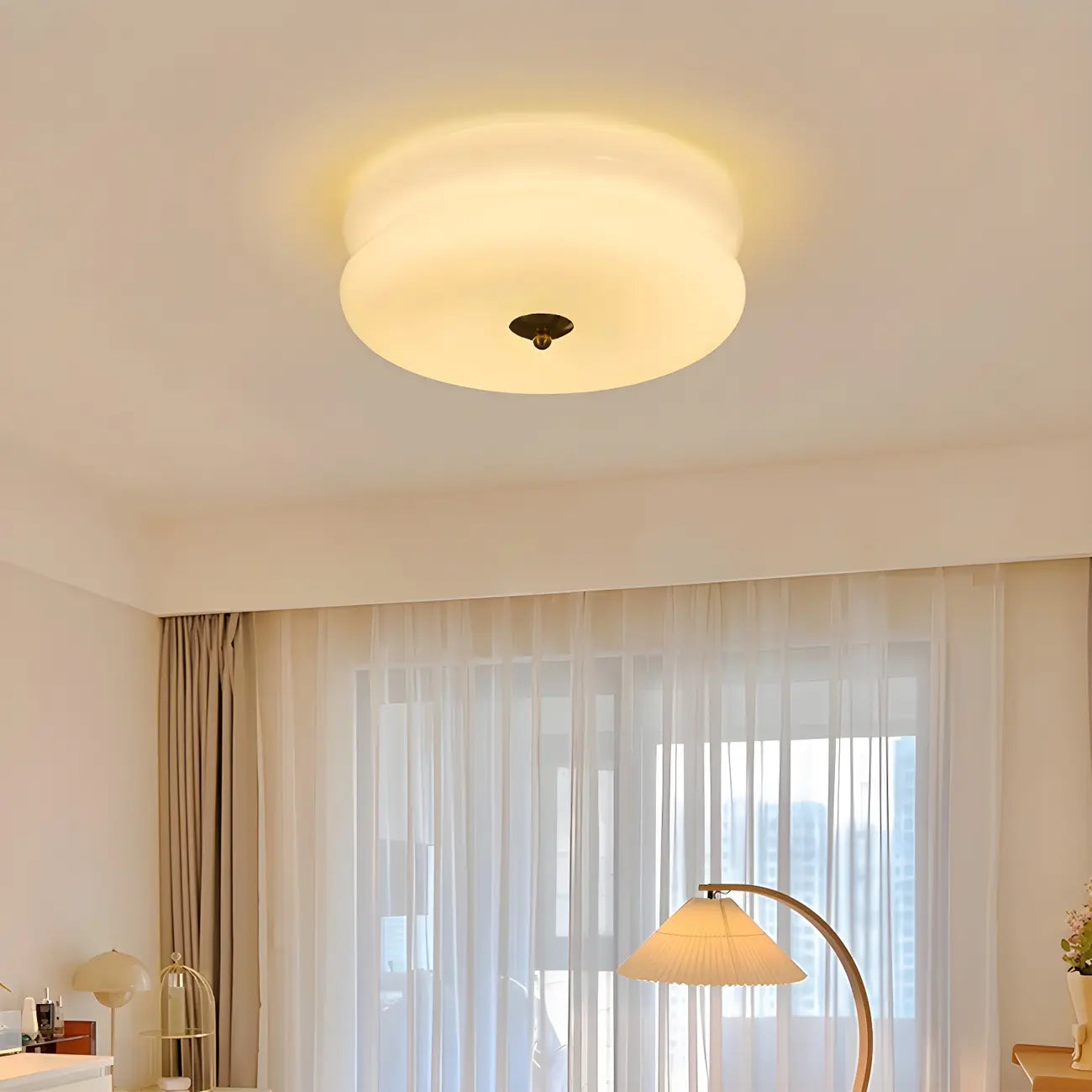 Plafonnier LED encastré rond moderne à double niveau en verre crème