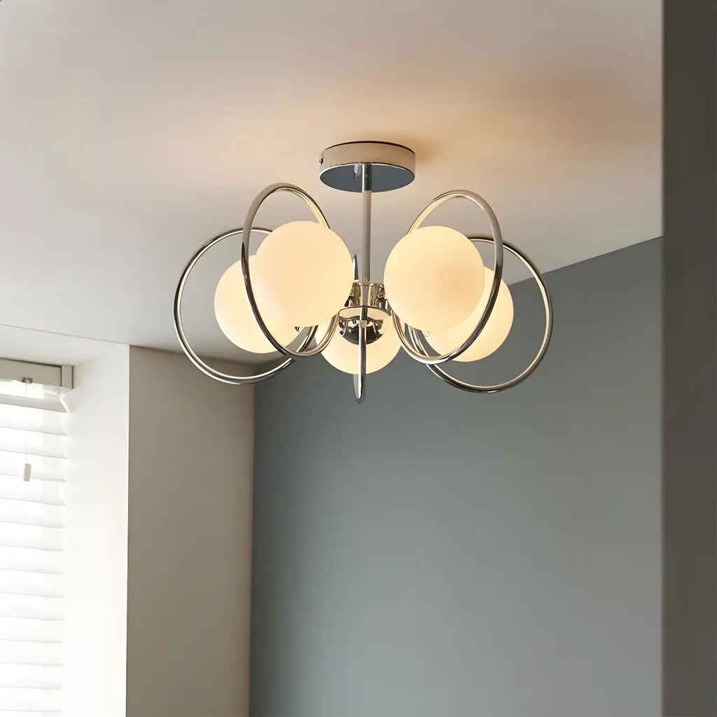 Plafonnier semi-encastré élégant en forme de sphère en verre blanc chromé et rond