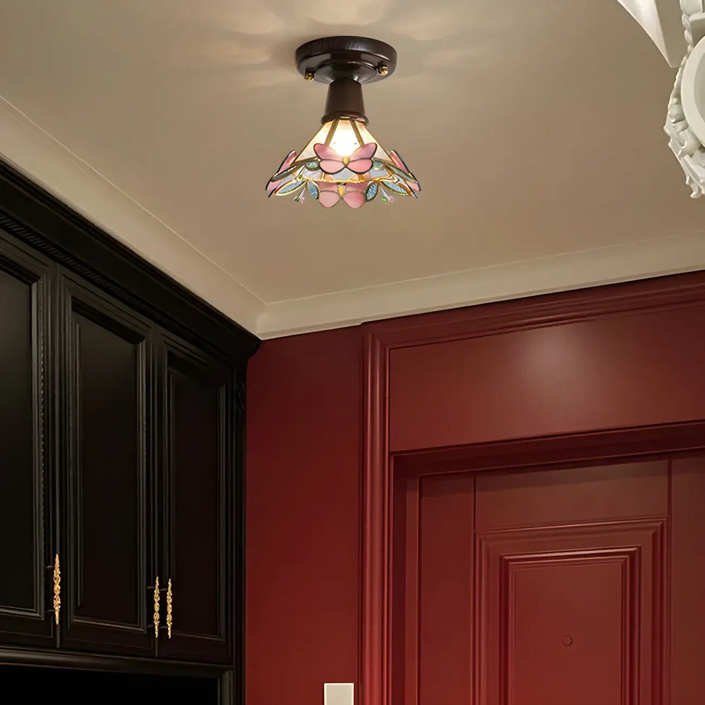 Plafonnier semi-encastré chic en verre et noyer pour la décoration d'un couloir