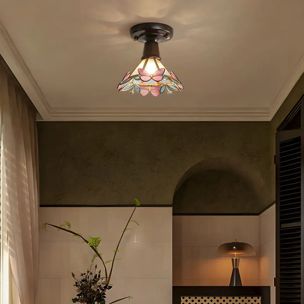 Plafonnier semi-encastré chic en verre et noyer pour la décoration d'un couloir
