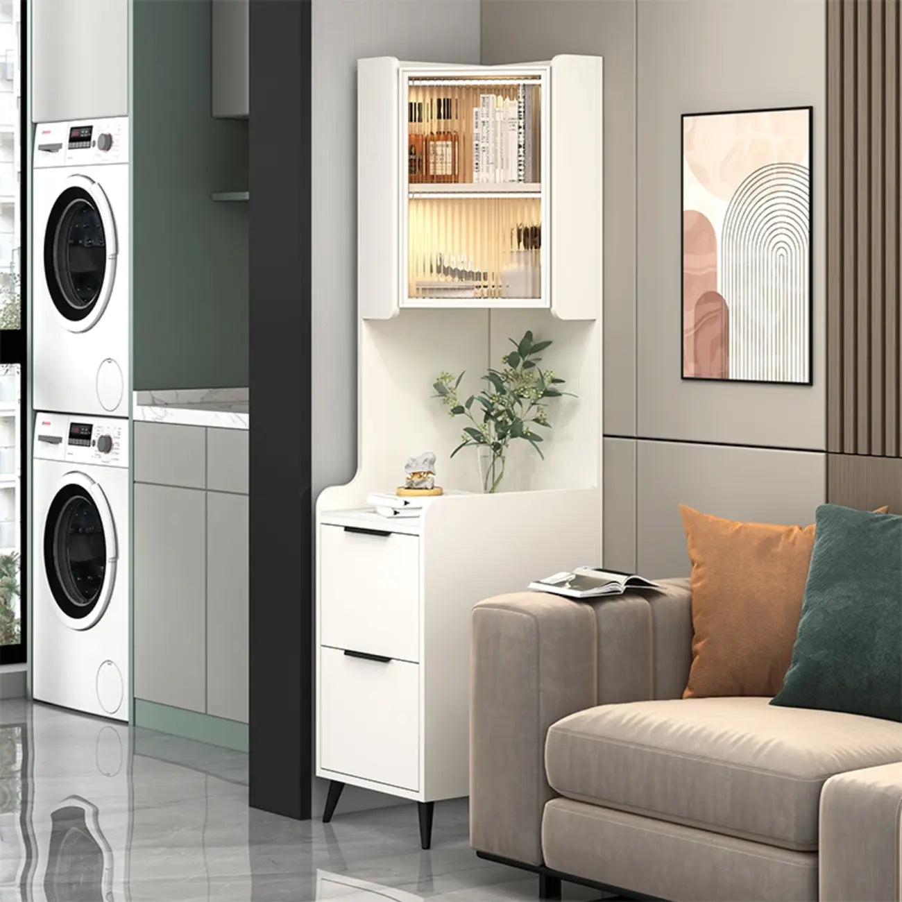 Armoire de rangement d'angle moderne en bois kaki avec éclairage intégré