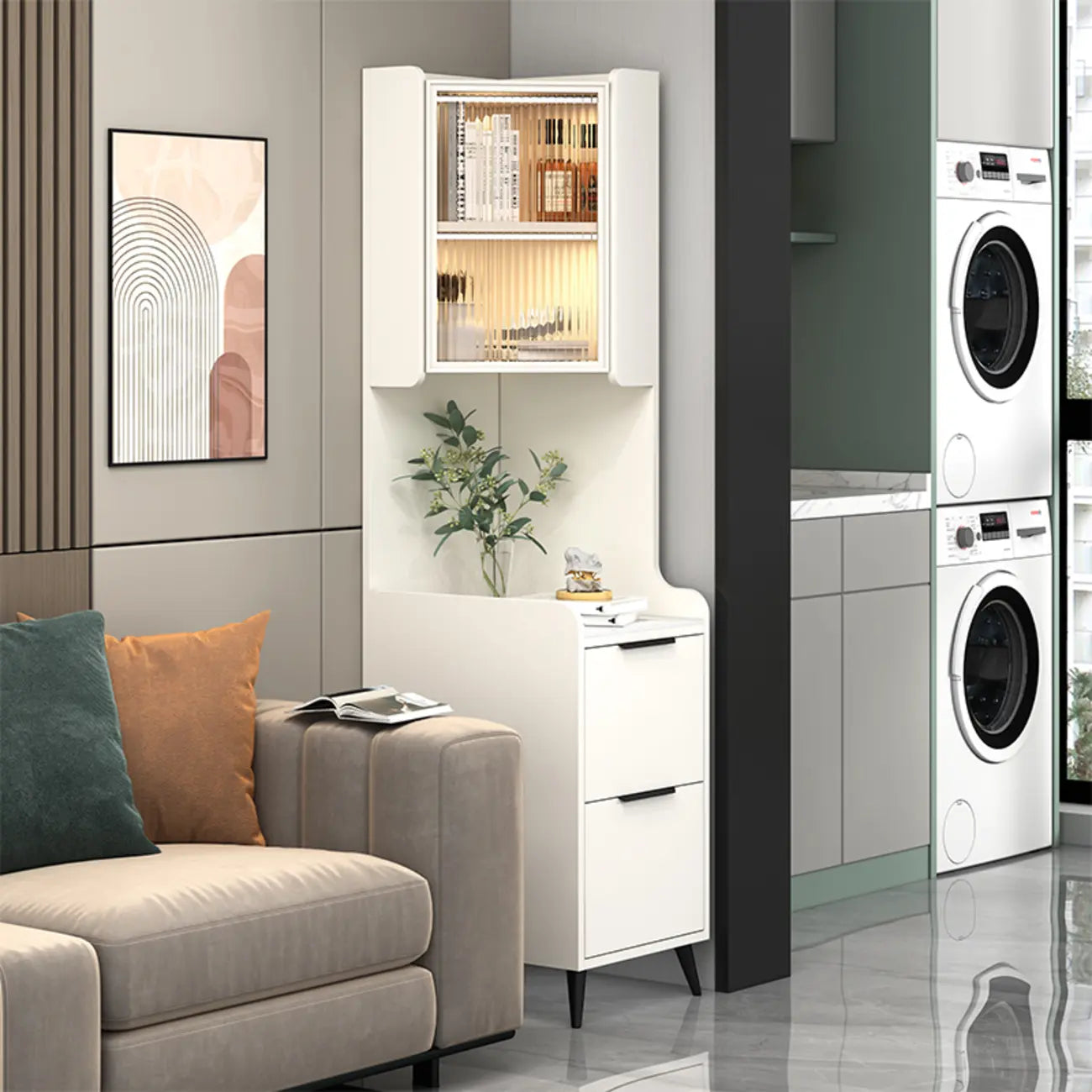Armoire de rangement d'angle moderne en bois kaki avec éclairage intégré