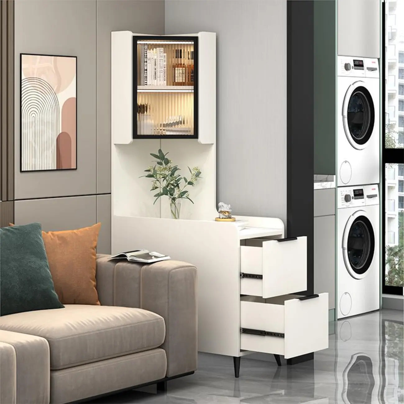 Armoire de rangement d'angle moderne en bois kaki avec éclairage intégré