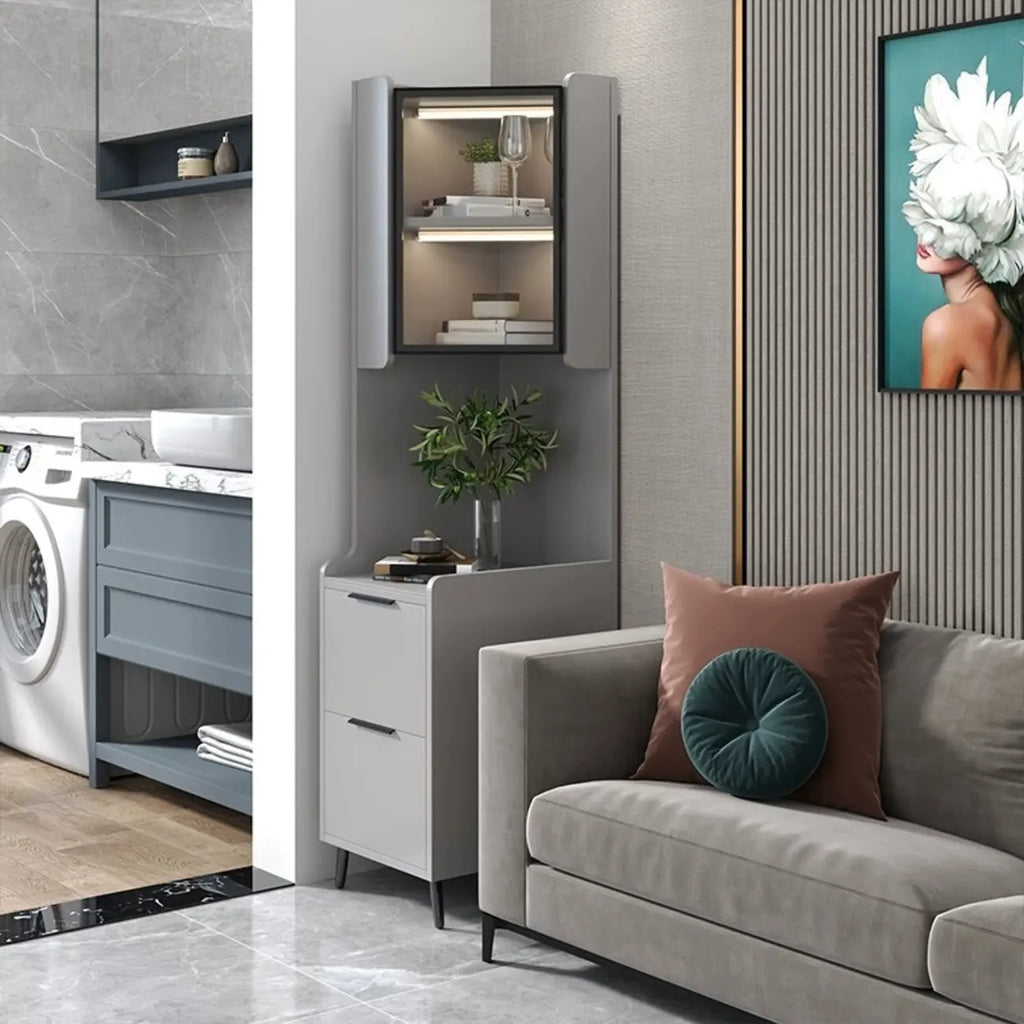 Armoire de rangement d'angle moderne en bois kaki avec éclairage intégré