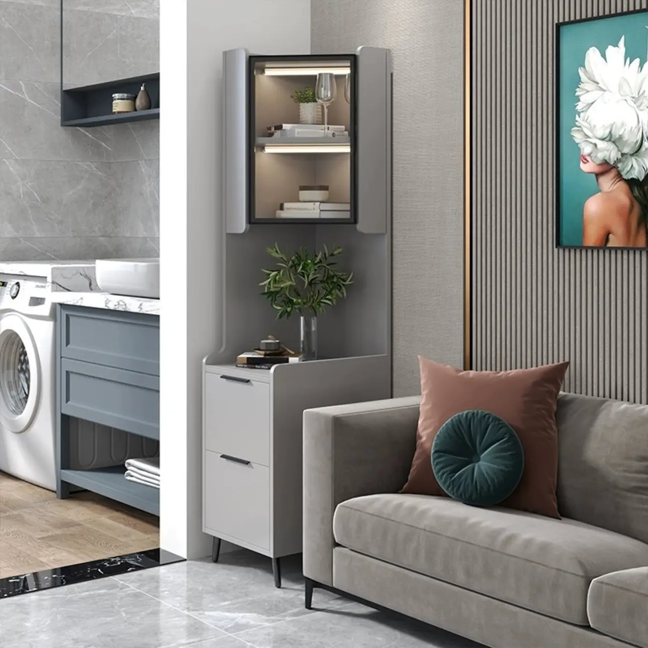 Armoire de rangement d'angle moderne en bois kaki avec éclairage intégré