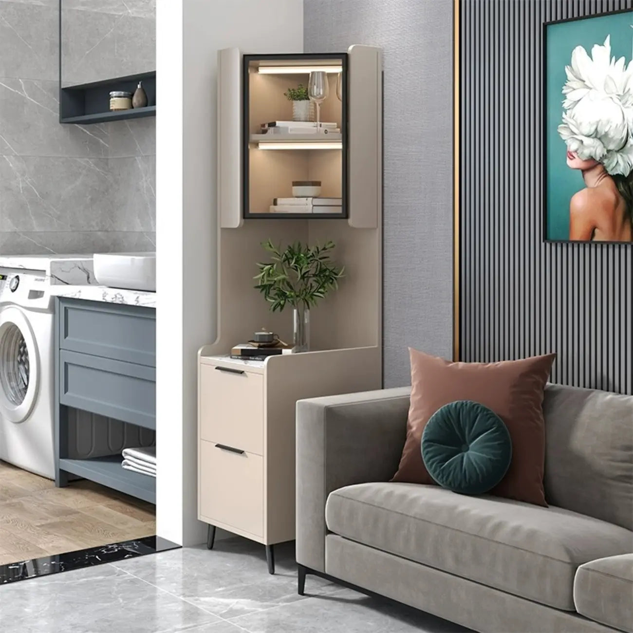 Armoire de rangement d'angle moderne en bois kaki avec éclairage intégré