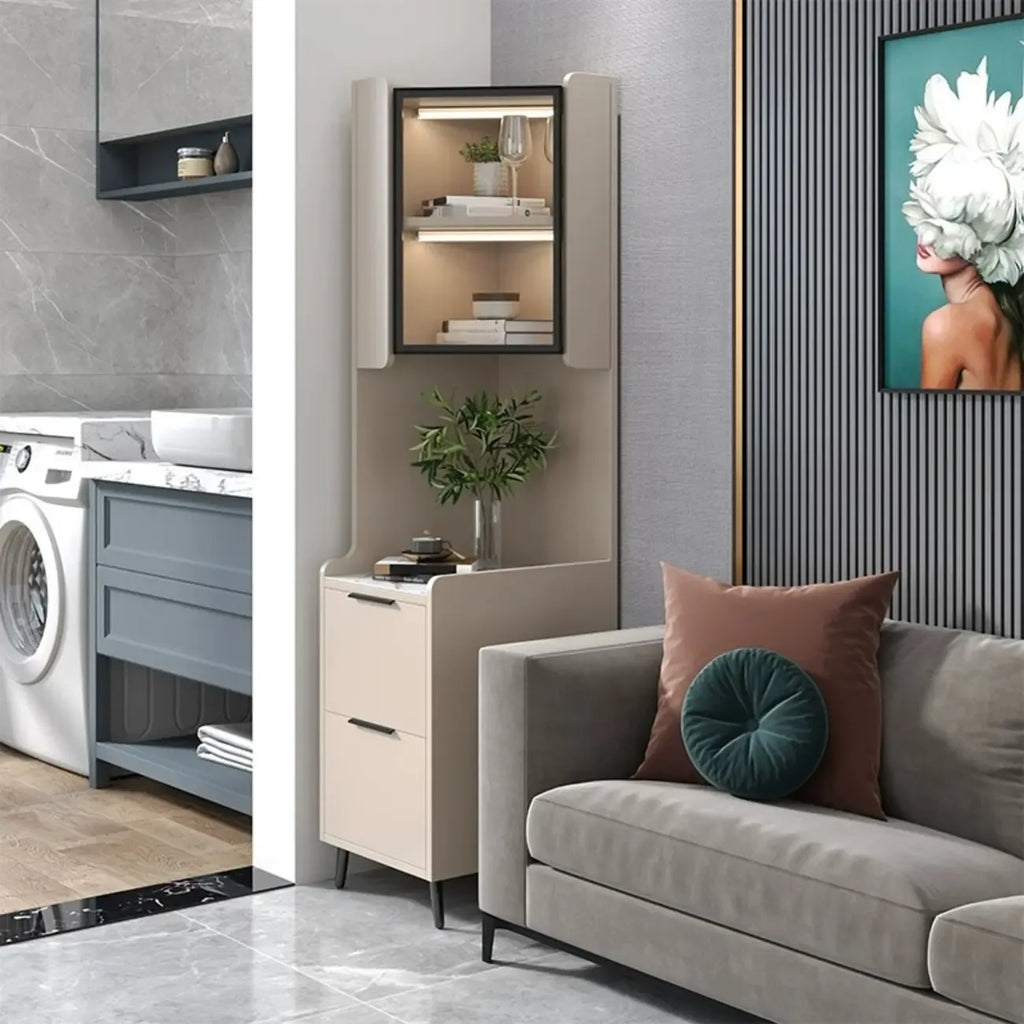 Armoire de rangement d'angle moderne en bois kaki avec éclairage intégré