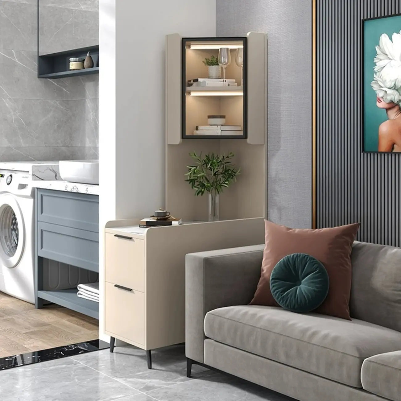 Armoire de rangement d'angle moderne en bois kaki avec éclairage intégré