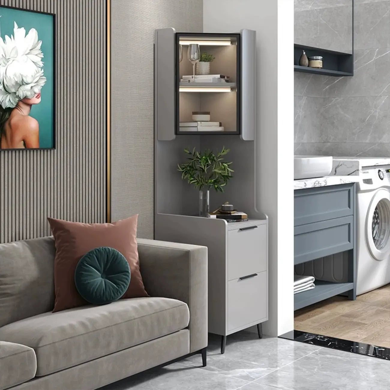 Armoire de rangement d'angle moderne en bois kaki avec éclairage intégré