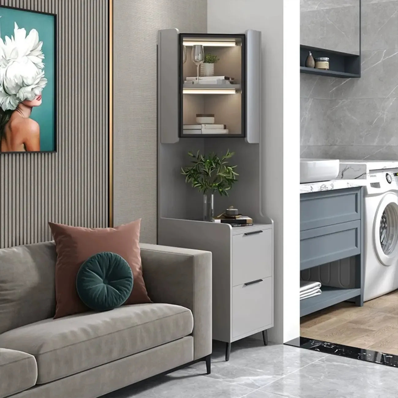 Armoire de rangement d'angle moderne en bois kaki avec éclairage intégré