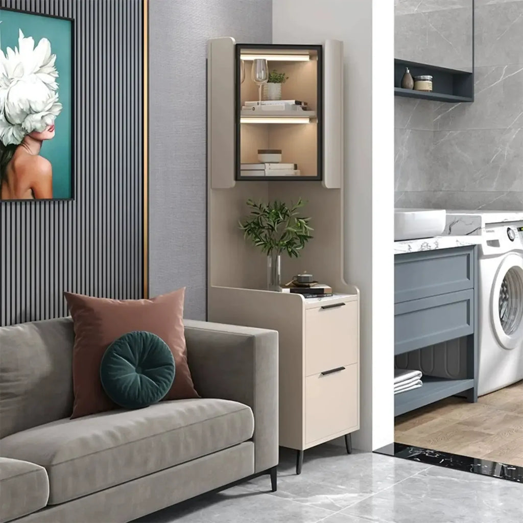 Armoire de rangement d'angle moderne en bois kaki avec éclairage intégré