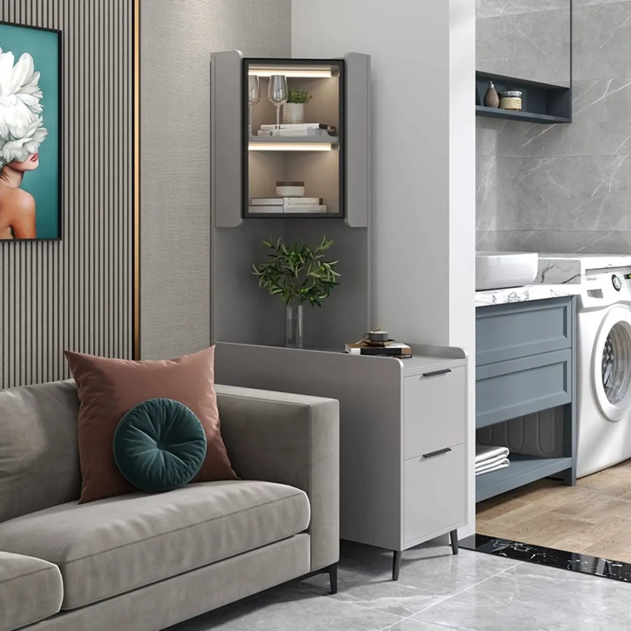 Armoire de rangement d'angle moderne en bois kaki avec éclairage intégré