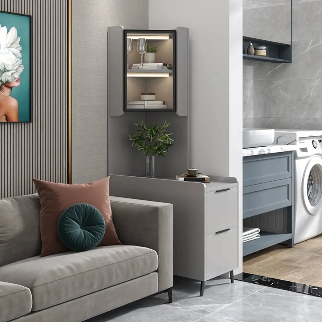 Armoire de rangement d'angle moderne en bois kaki avec éclairage intégré