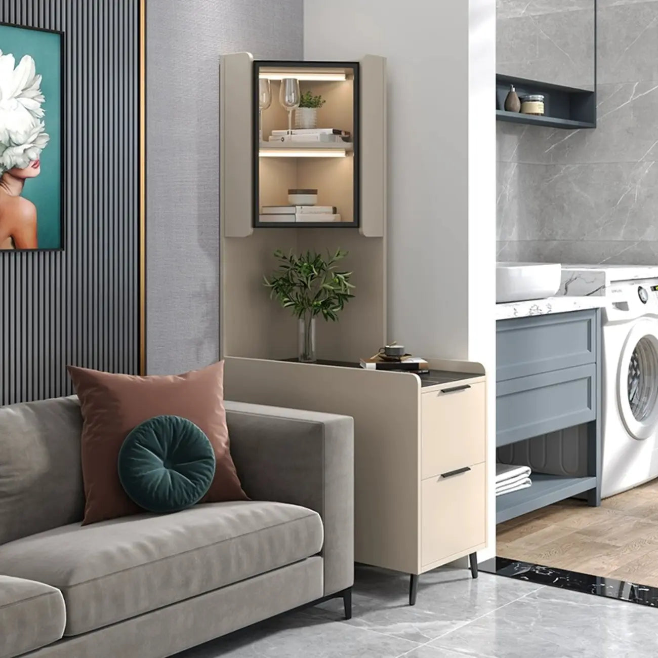 Armoire de rangement d'angle moderne en bois kaki avec éclairage intégré