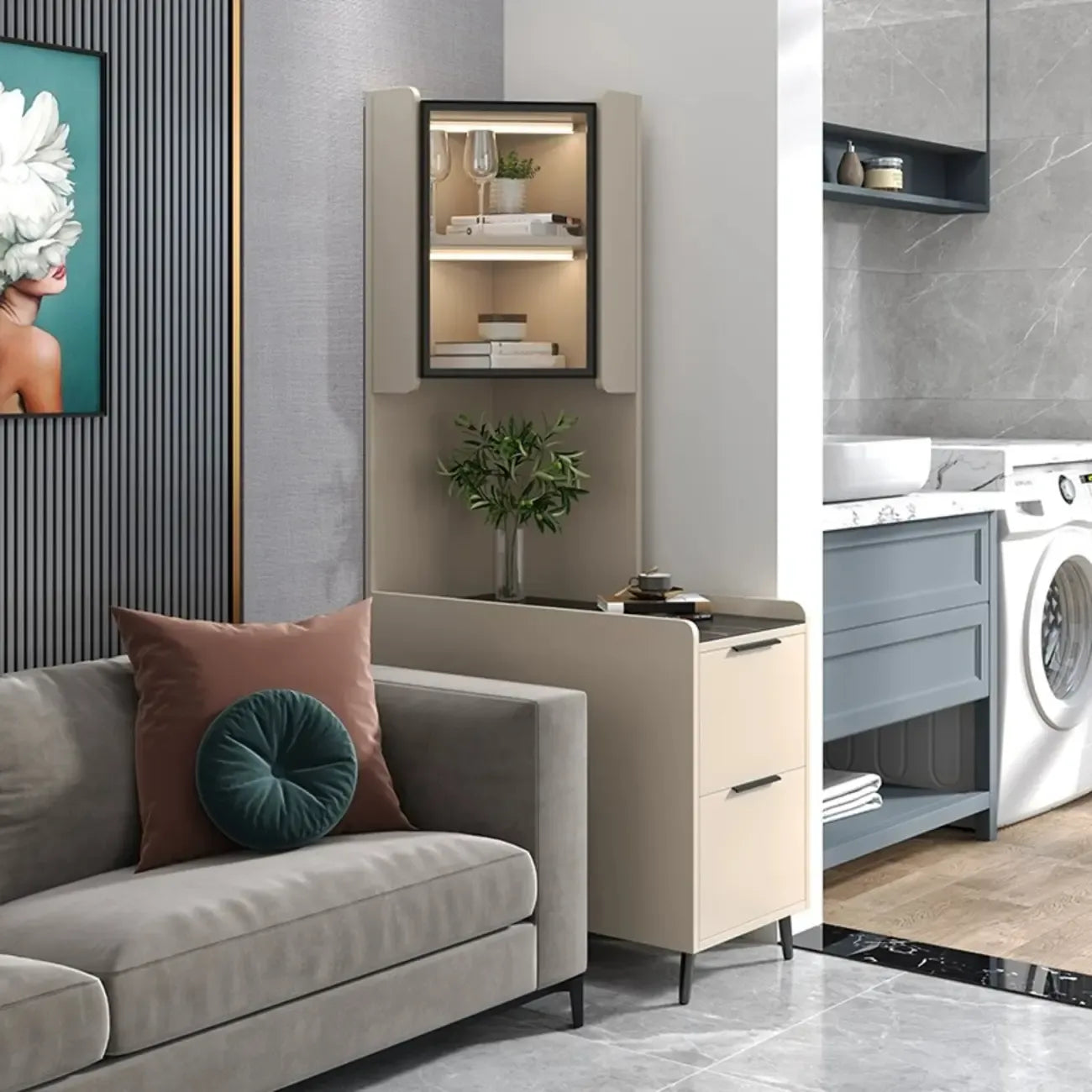 Armoire de rangement d'angle moderne en bois kaki avec éclairage intégré