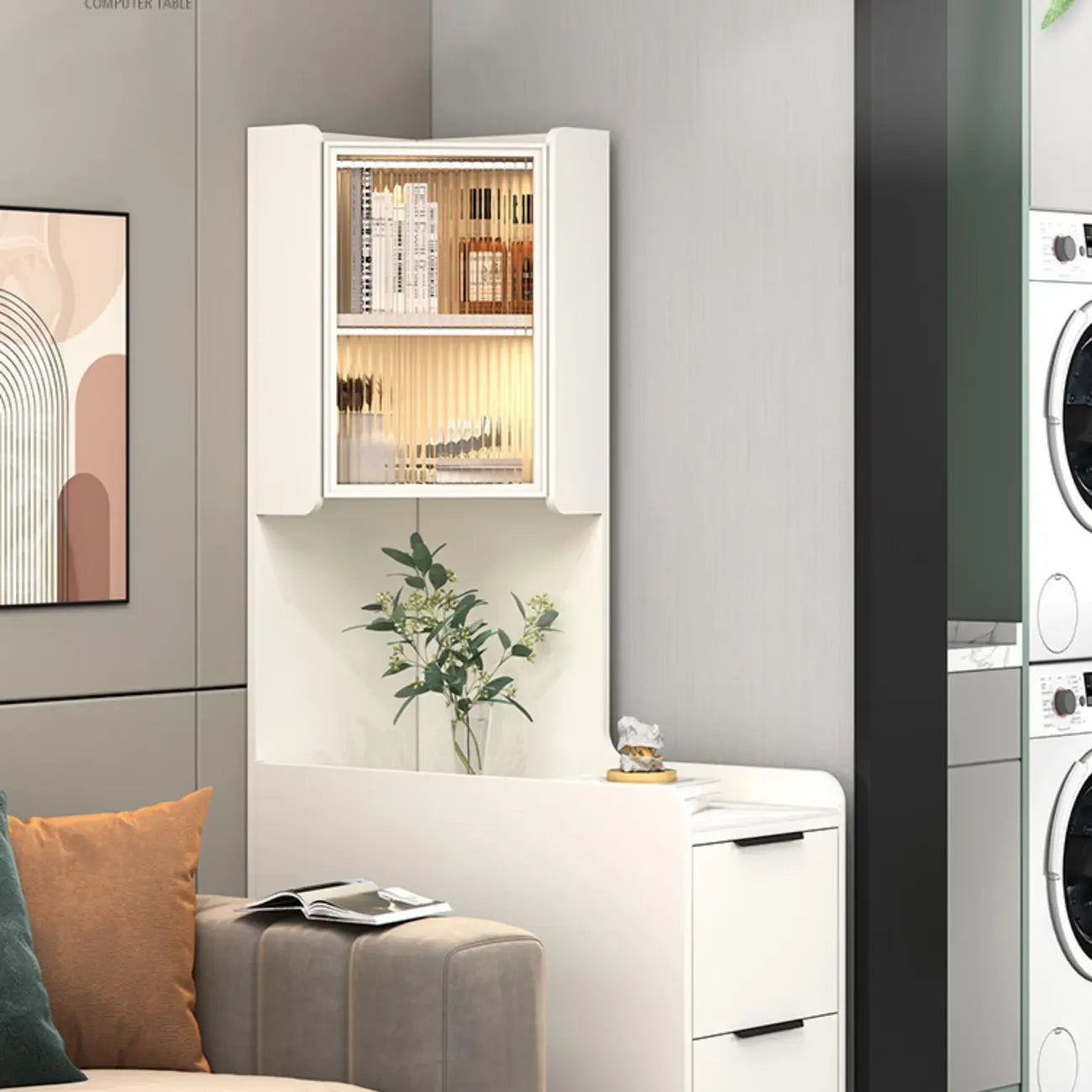 Armoire de rangement d'angle moderne en bois kaki avec éclairage intégré