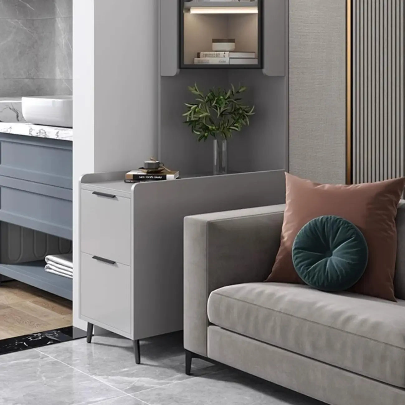 Armoire de rangement d'angle moderne en bois kaki avec éclairage intégré