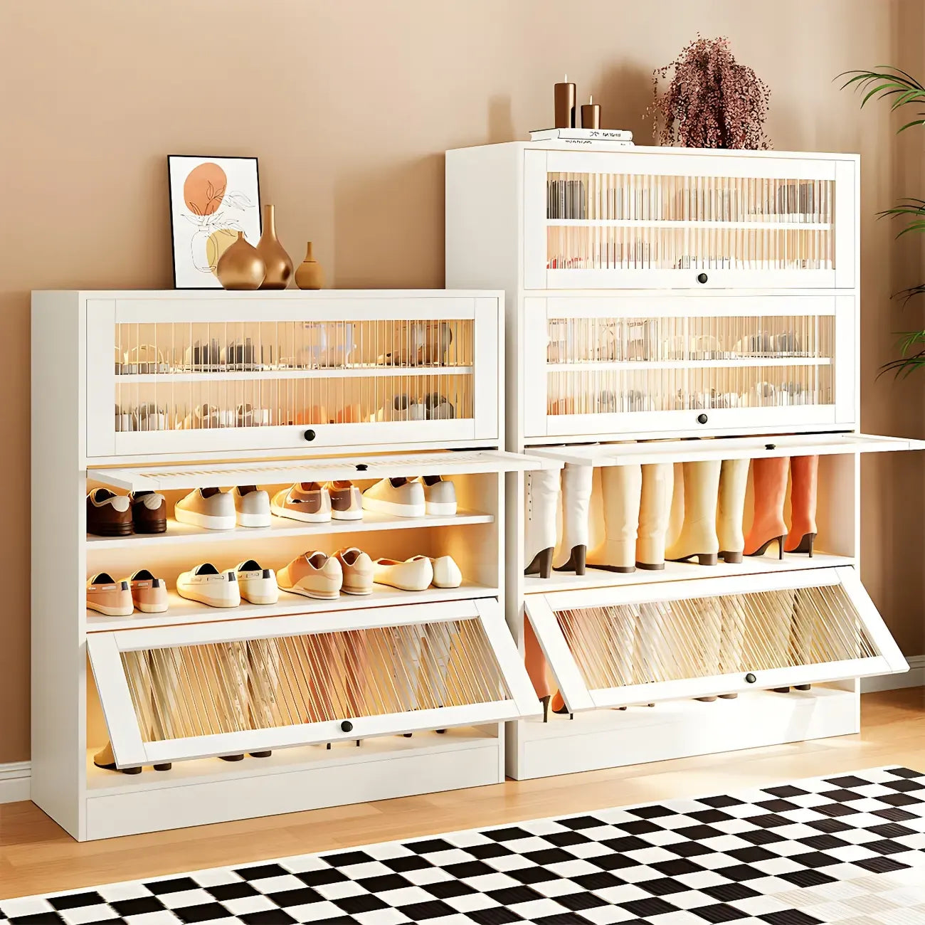 Meuble à chaussures en bois blanc avec portes vitrées pour couloir