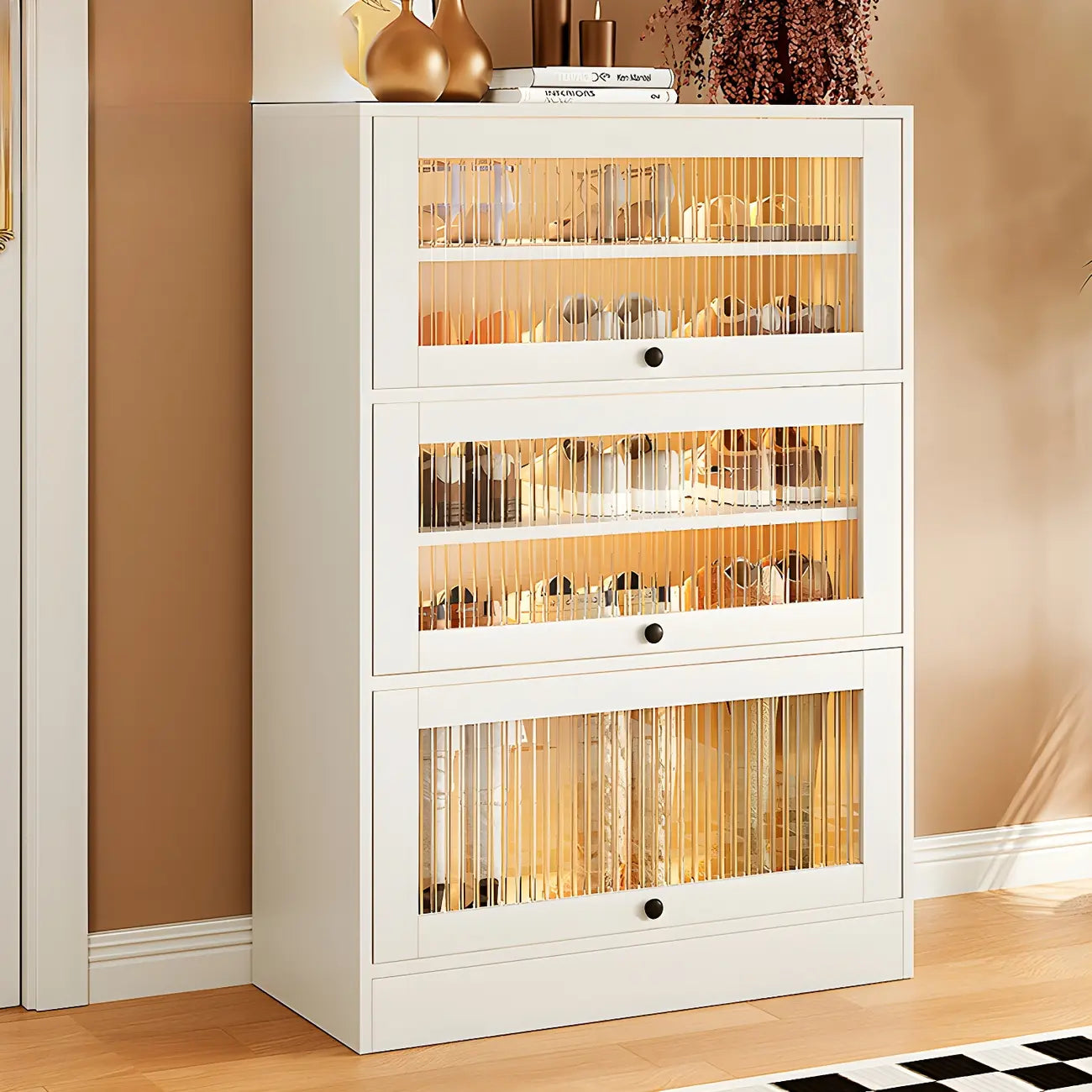 Meuble à chaussures en bois blanc avec portes vitrées pour couloir