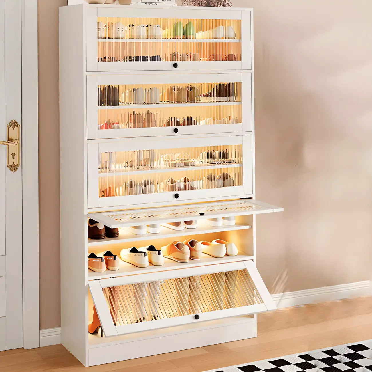 Meuble à chaussures en bois blanc avec portes vitrées pour couloir
