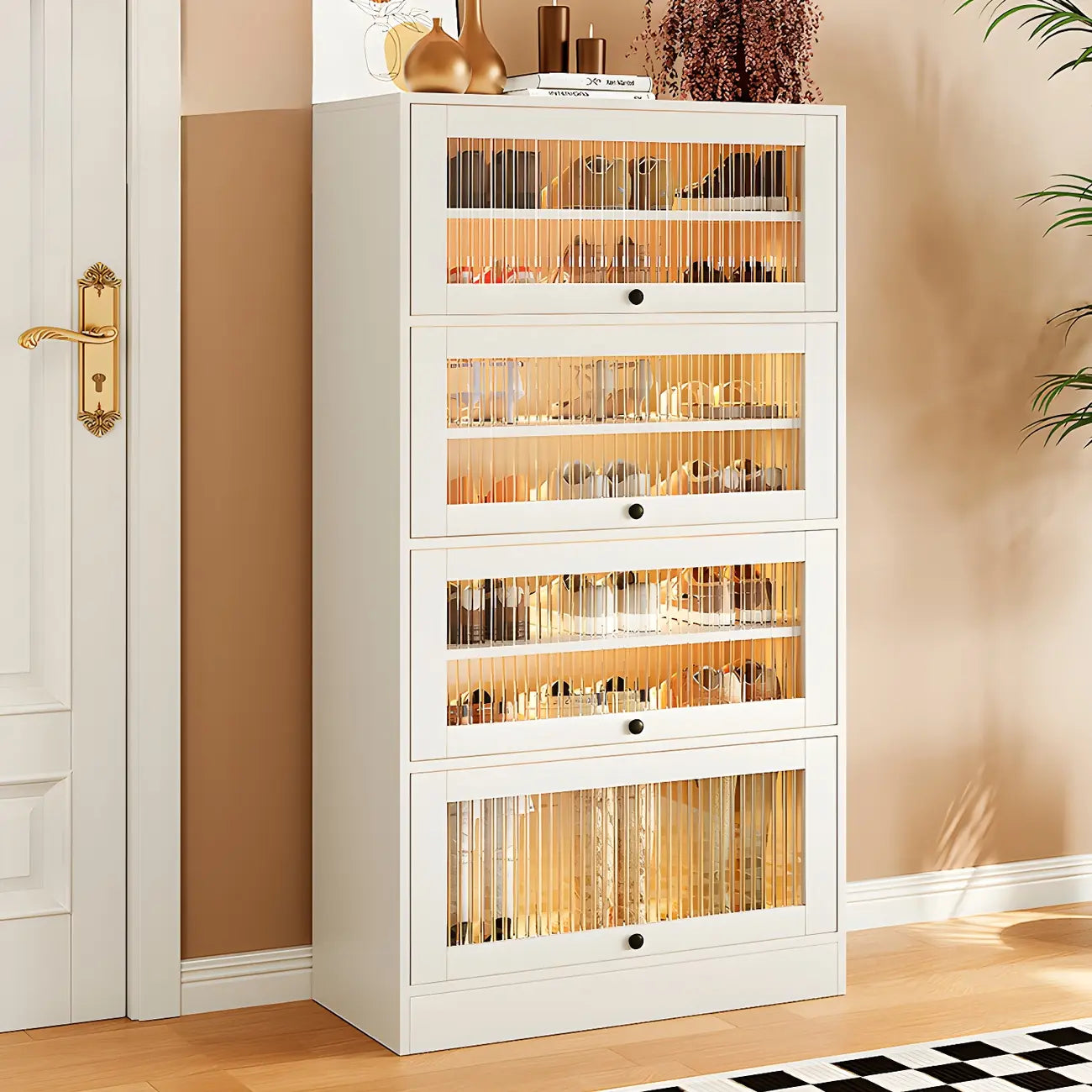 Meuble à chaussures en bois blanc avec portes vitrées pour couloir