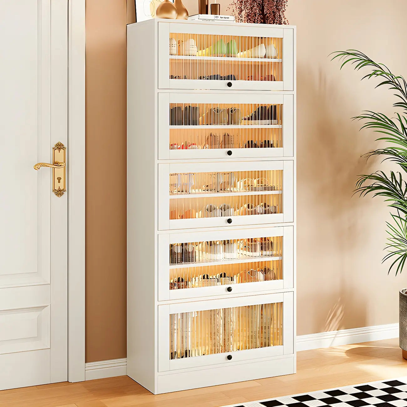 Meuble à chaussures en bois blanc avec portes vitrées pour couloir