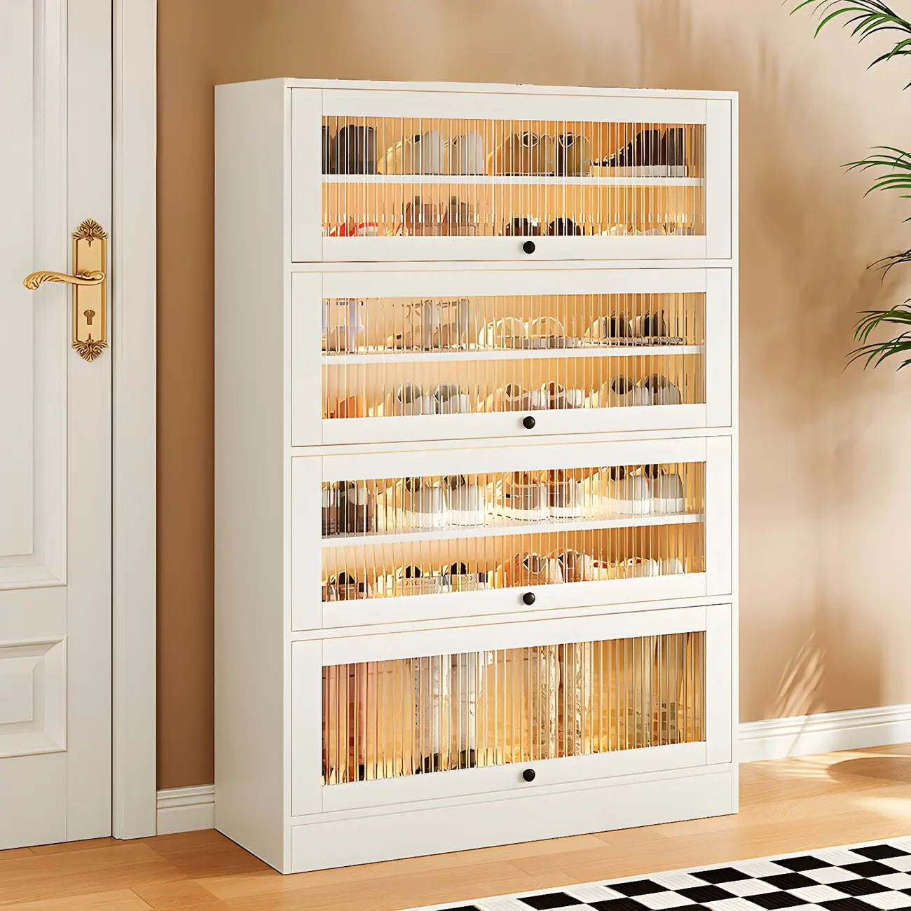 Meuble à chaussures en bois blanc avec portes vitrées pour couloir