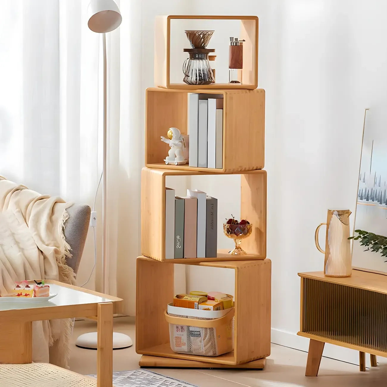 Libreria espositiva a cubo aperto in legno moderno a 4 ripiani