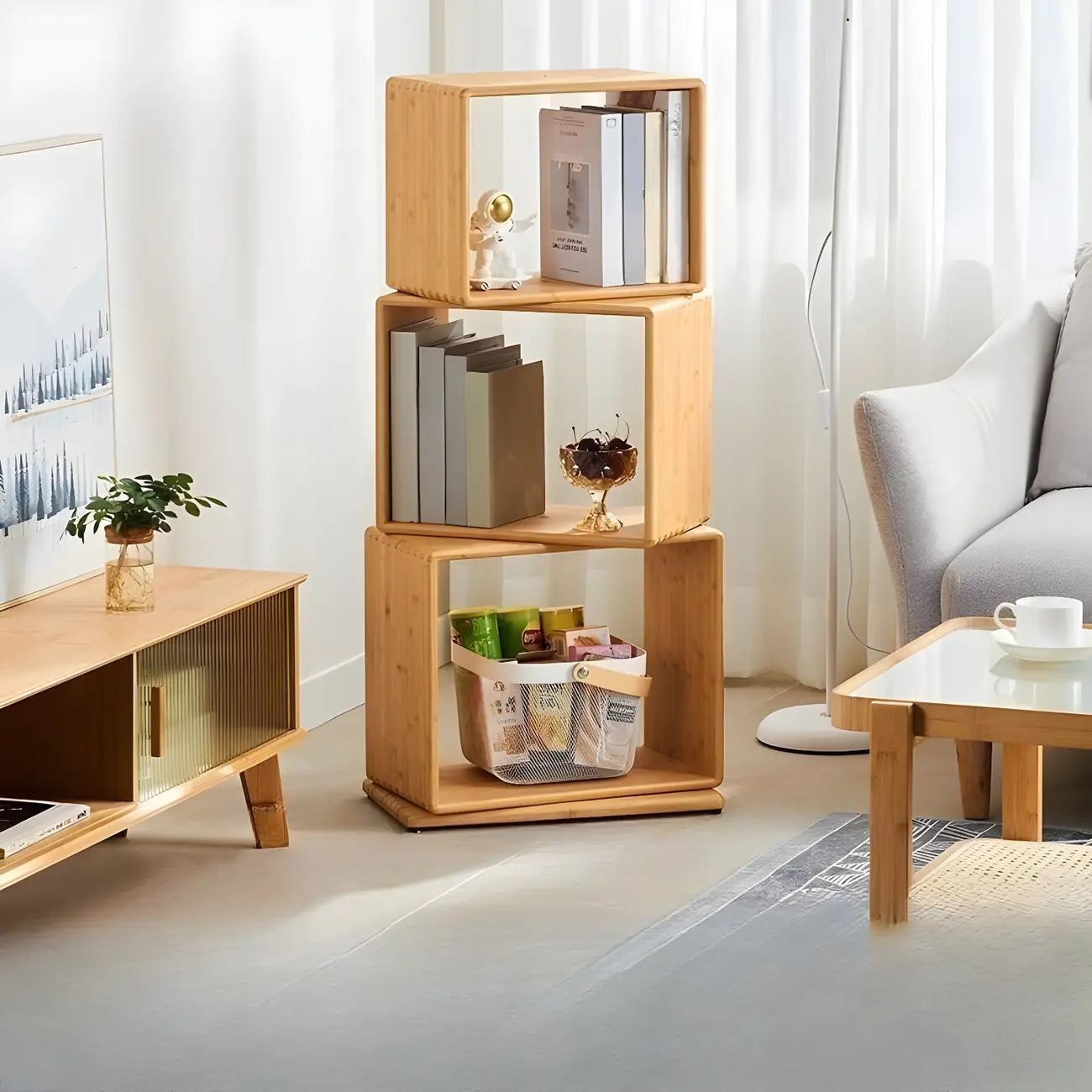 Libreria espositiva a cubo aperto in legno moderno a 4 ripiani