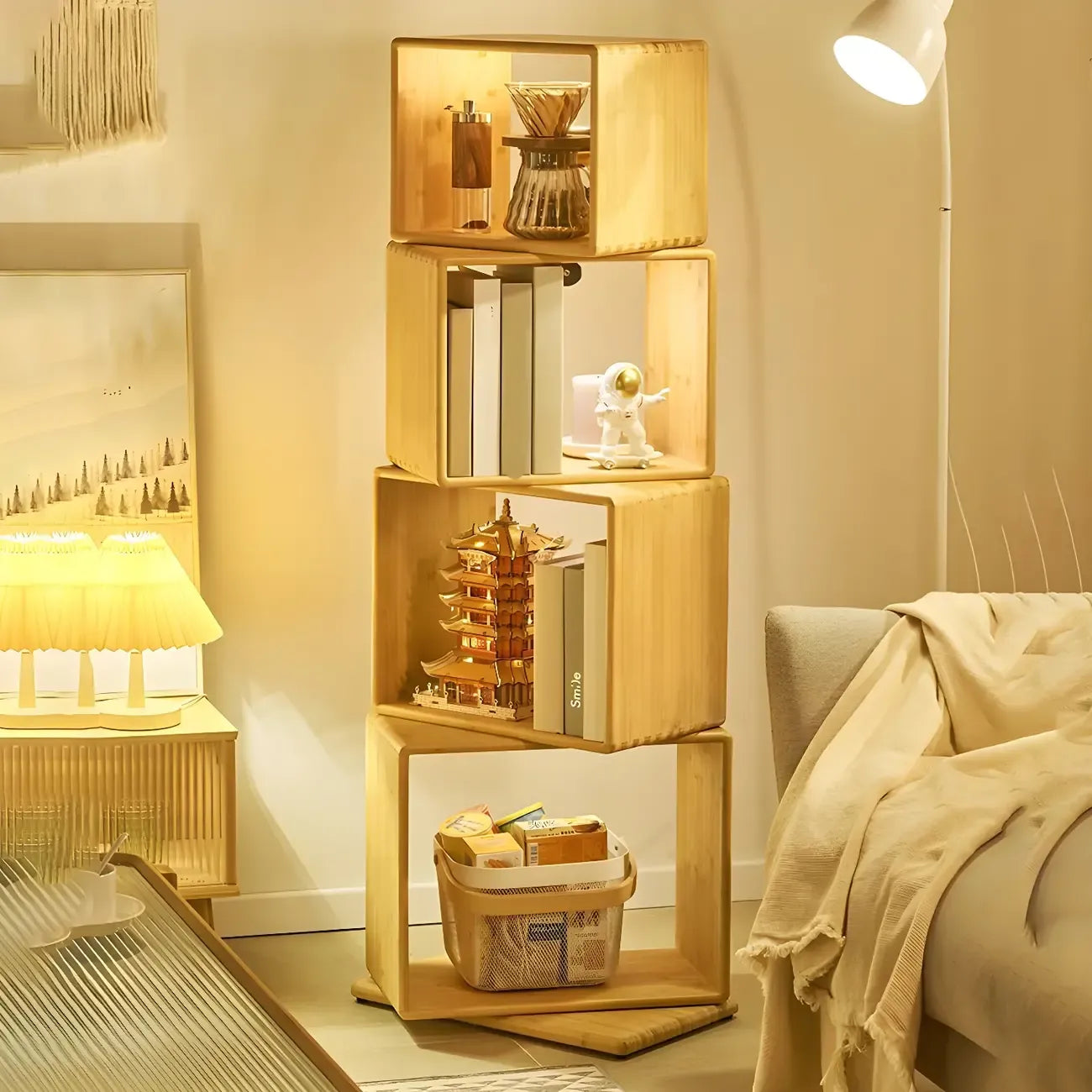 Libreria espositiva a cubo aperto in legno moderno a 4 ripiani
