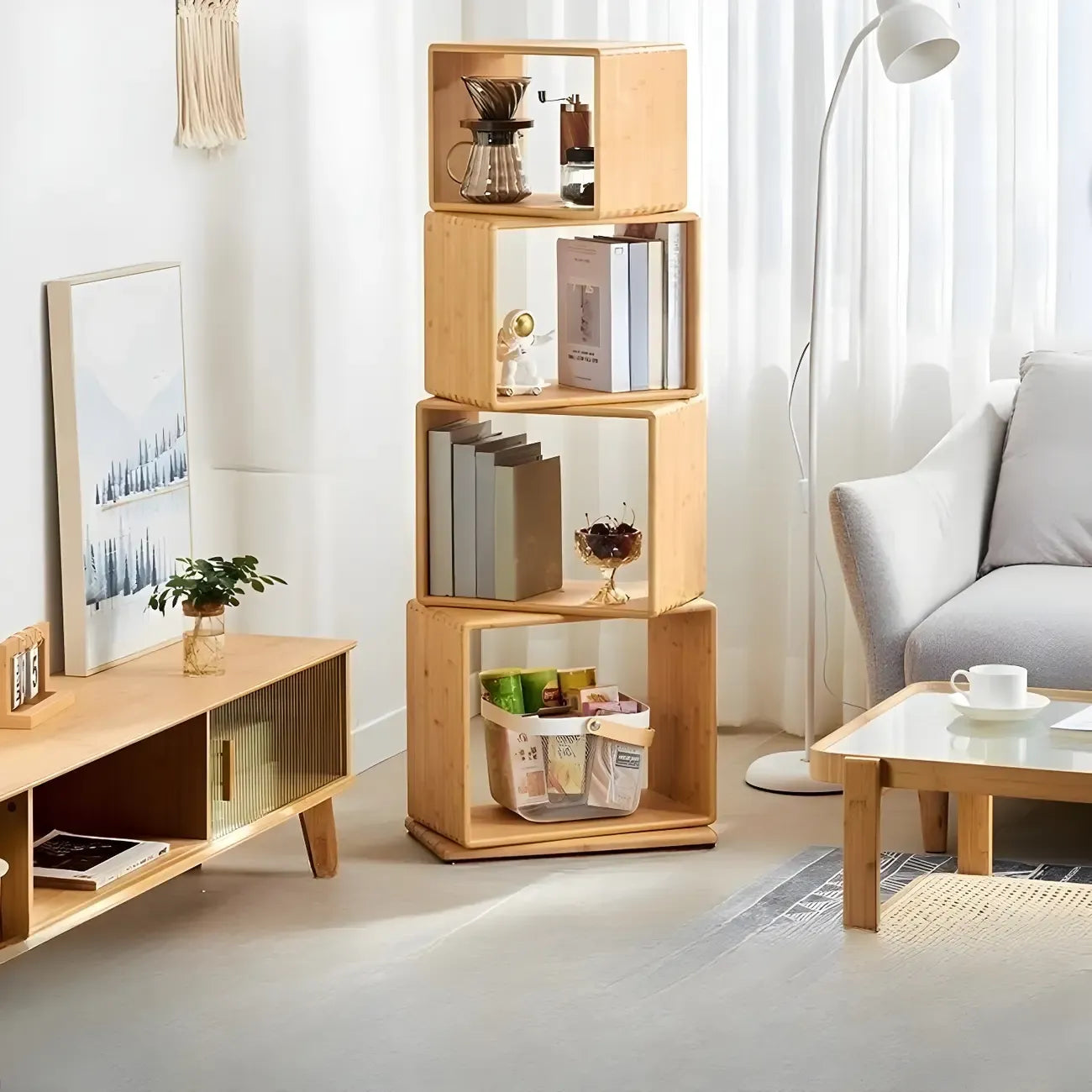 Libreria espositiva a cubo aperto in legno moderno a 4 ripiani