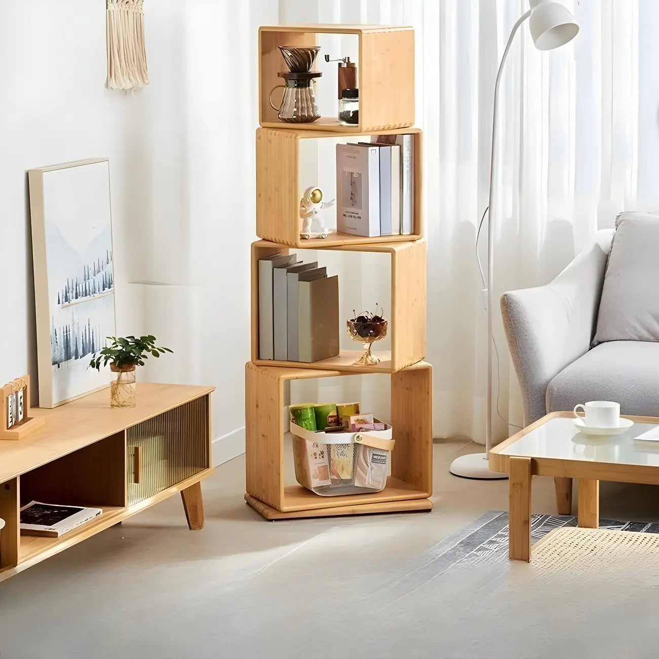 Libreria espositiva a cubo aperto in legno moderno a 4 ripiani