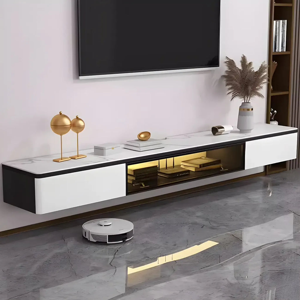 Mobile TV sospeso con luci a LED, piano in pietra bianca, 63 pollici