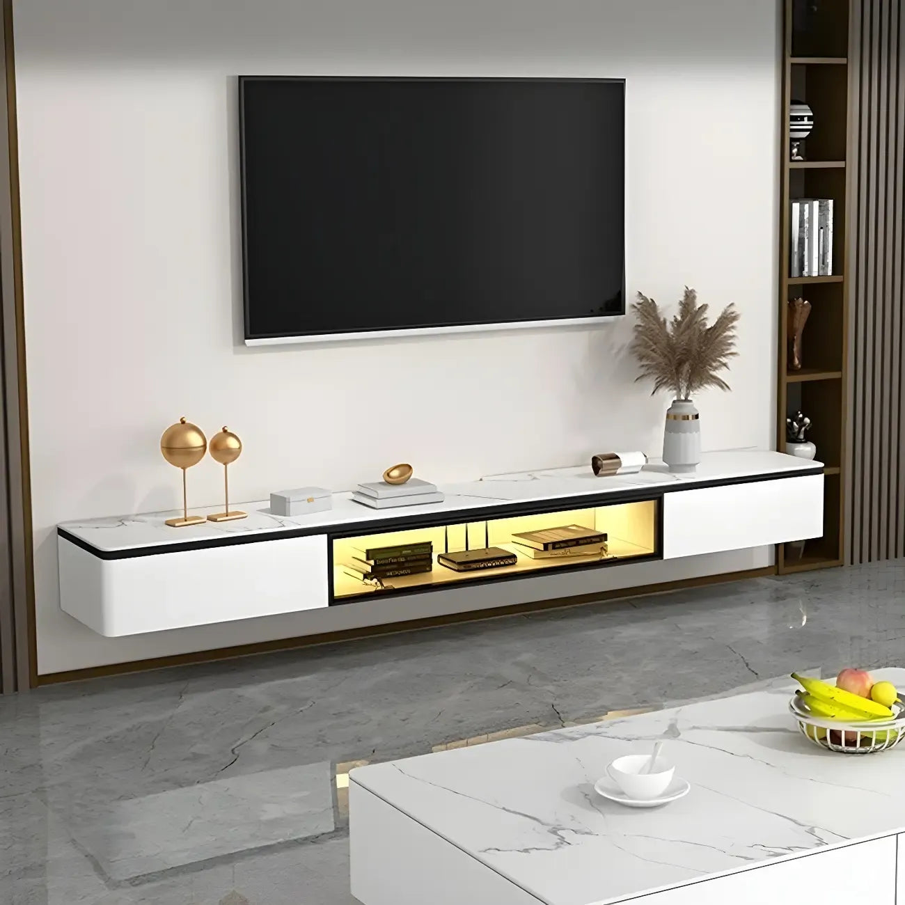 Mobile TV sospeso con luci a LED, piano in pietra bianca, 63 pollici