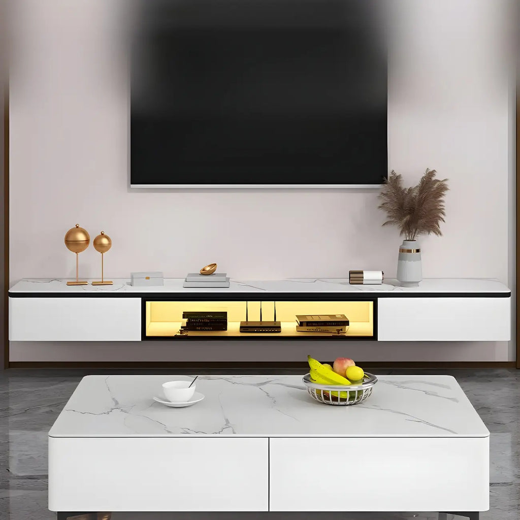 Mobile TV sospeso con luci a LED, piano in pietra bianca, 63 pollici