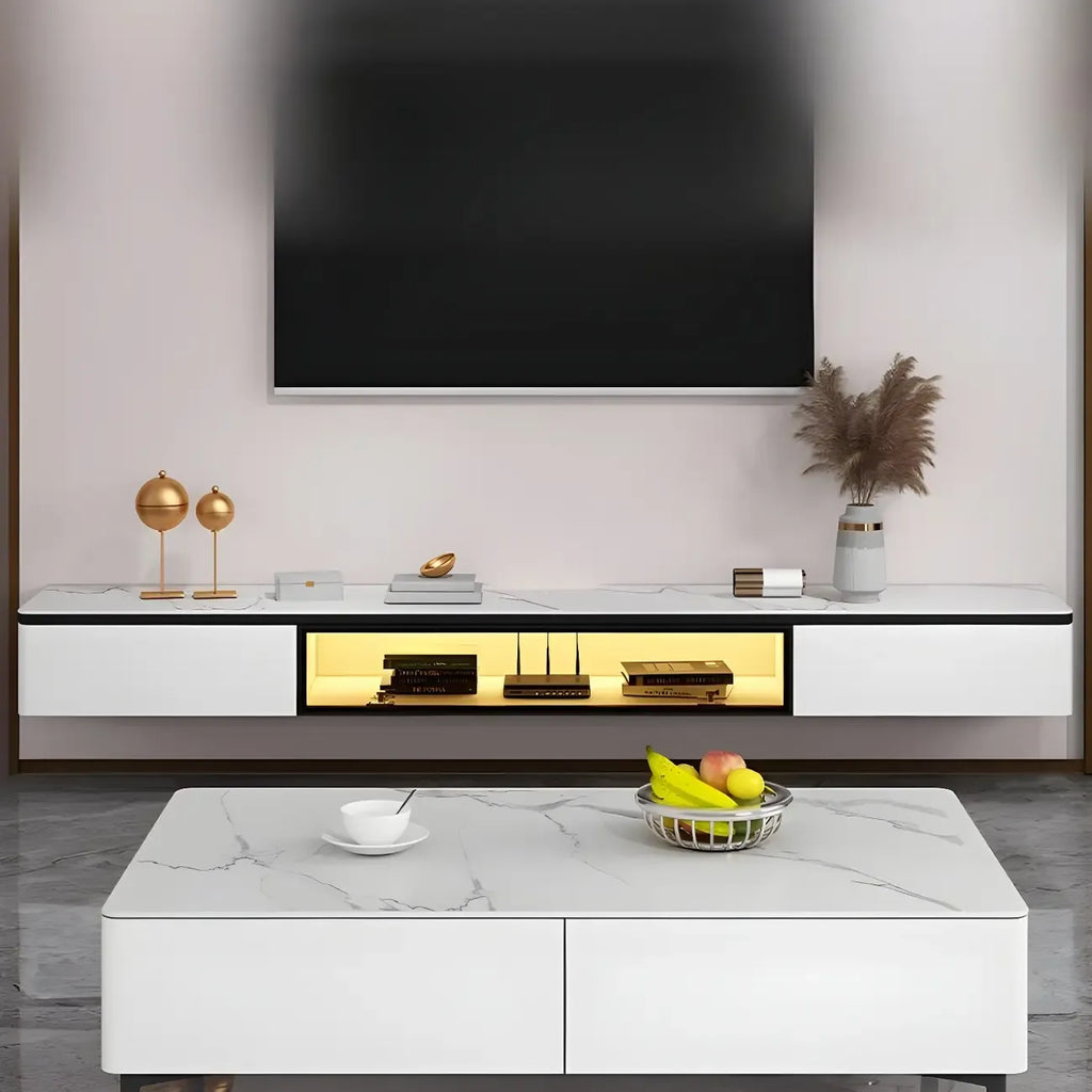 Mobile TV sospeso con luci a LED, piano in pietra bianca, 63 pollici