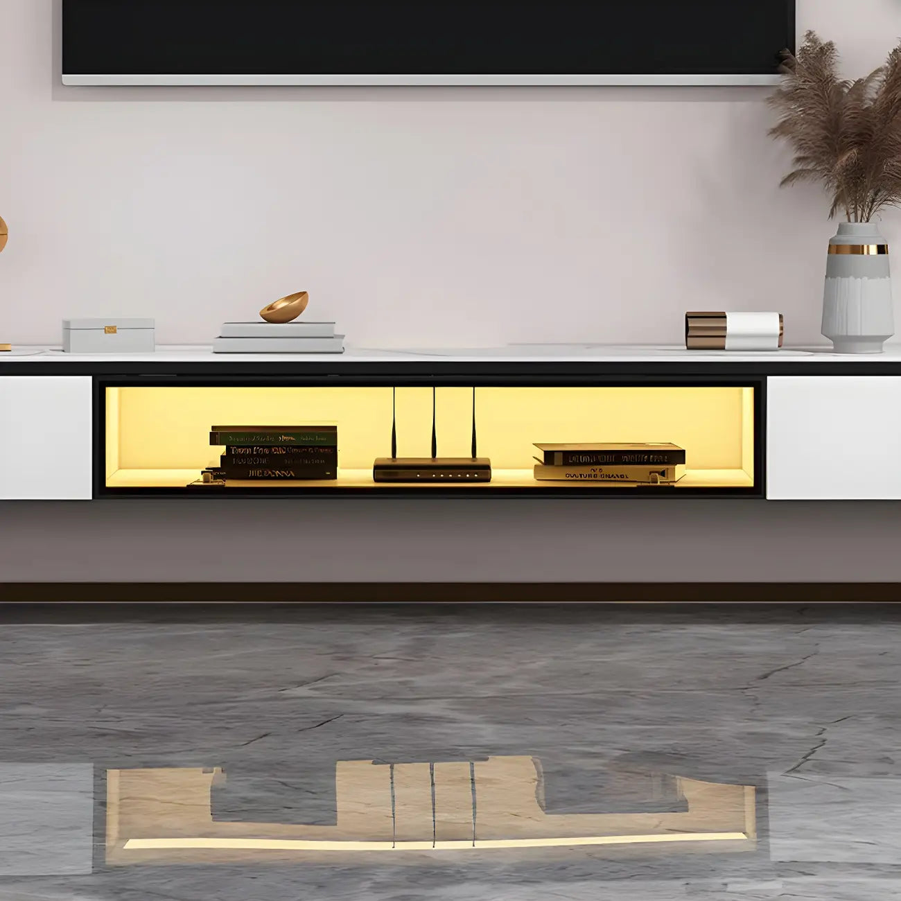 Mobile TV sospeso con luci a LED, piano in pietra bianca, 63 pollici