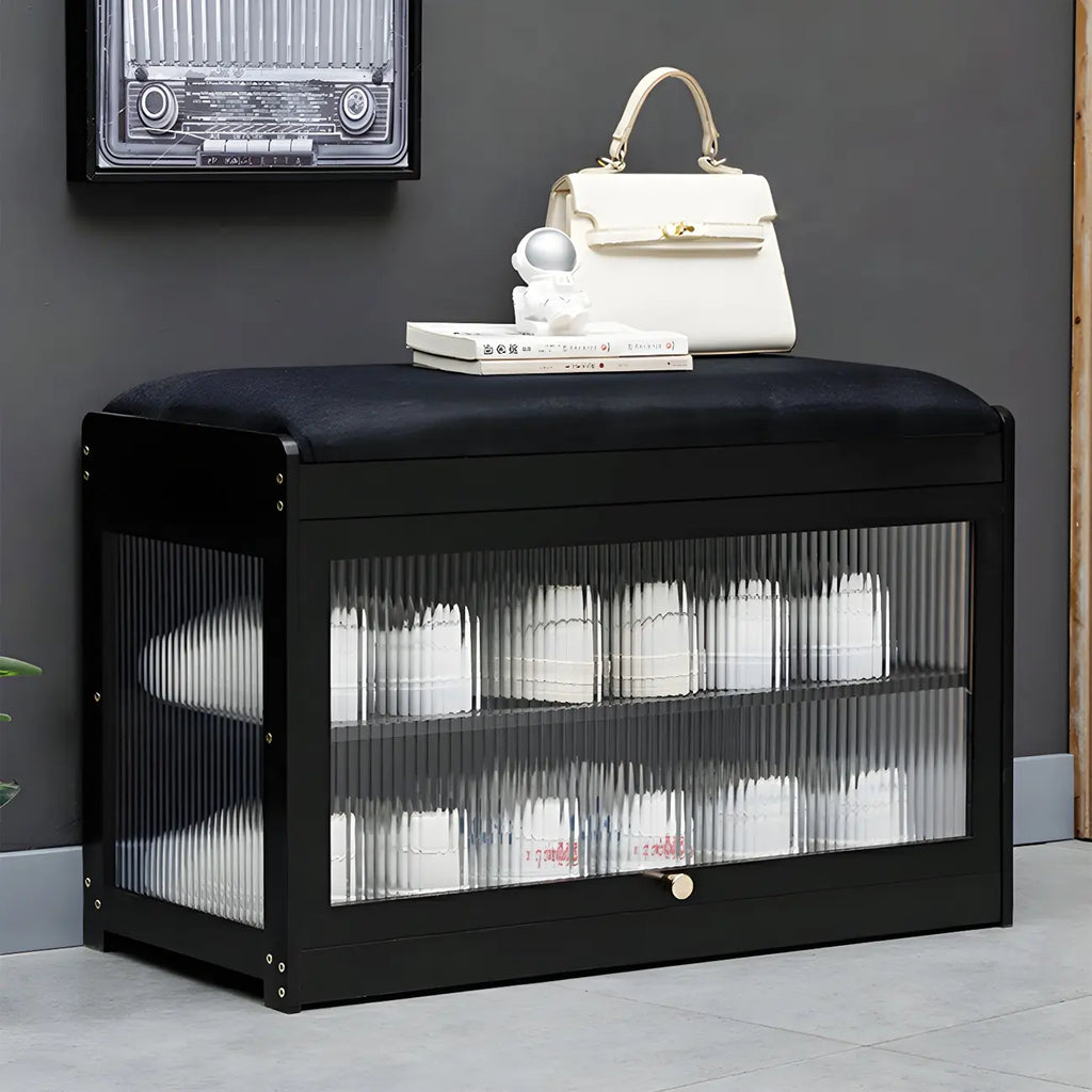 Banc de rangement à chaussures en bambou noir avec portes vitrées, entrée