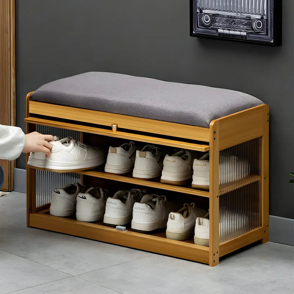 Banc de rangement à chaussures en bambou noir avec portes vitrées, entrée