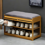 Banc de rangement à chaussures en bambou noir avec portes vitrées, entrée
