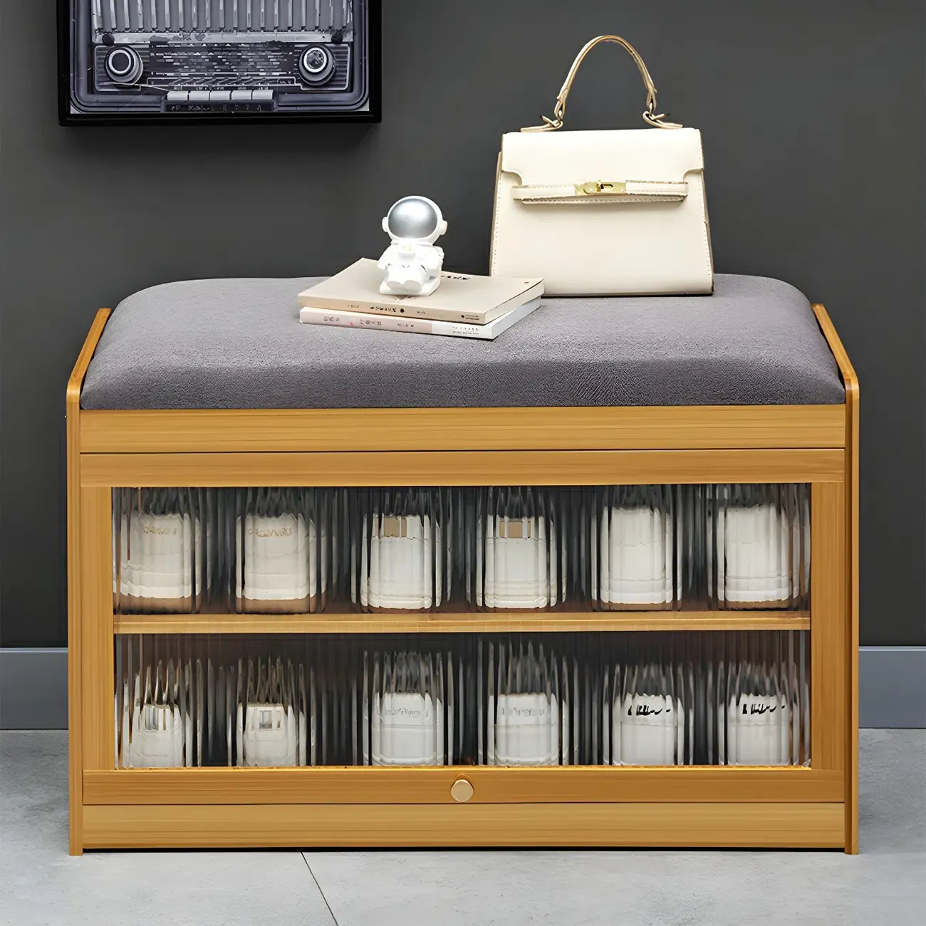 Banc de rangement à chaussures en bambou noir avec portes vitrées, entrée