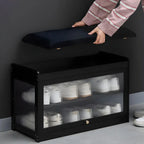 Banc de rangement à chaussures en bambou noir avec portes vitrées, entrée