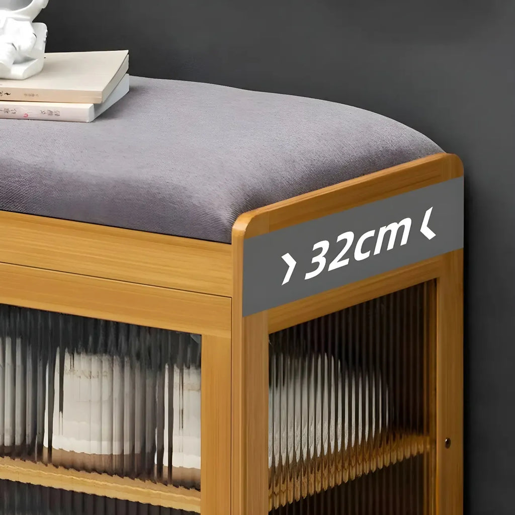 Banc de rangement à chaussures en bambou noir avec portes vitrées, entrée