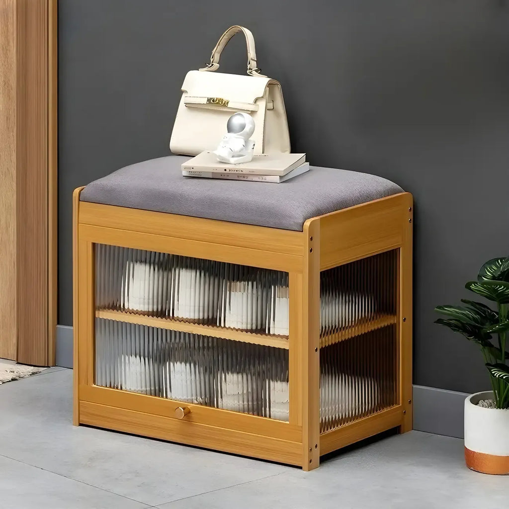 Banc de rangement à chaussures en bambou noir avec portes vitrées, entrée