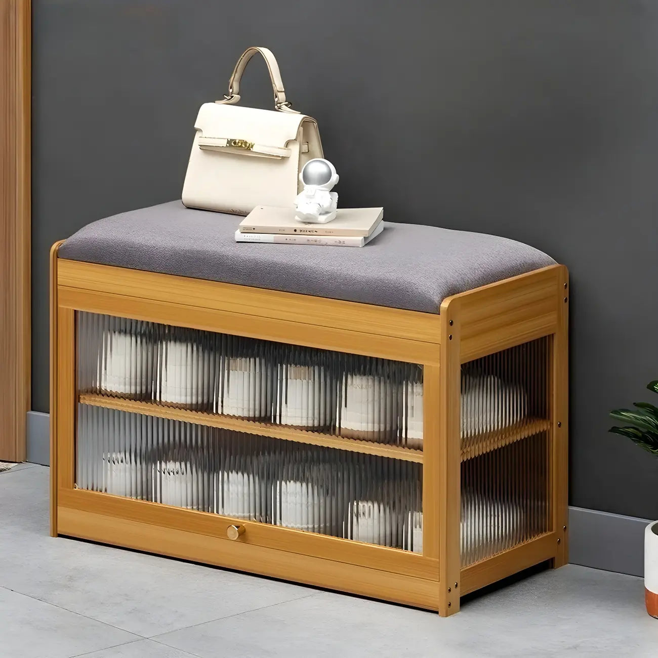 Banc de rangement à chaussures en bambou noir avec portes vitrées, entrée