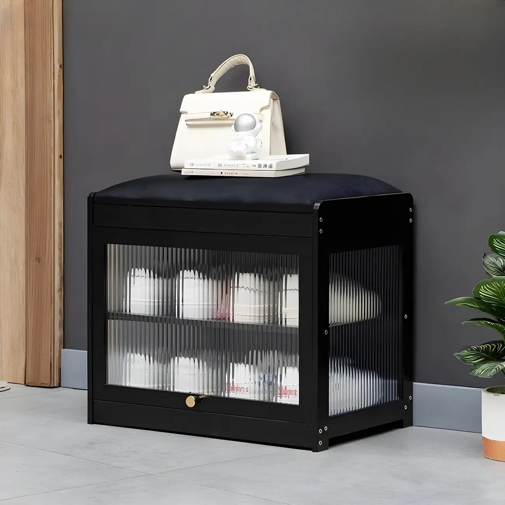 Banc de rangement à chaussures en bambou noir avec portes vitrées, entrée