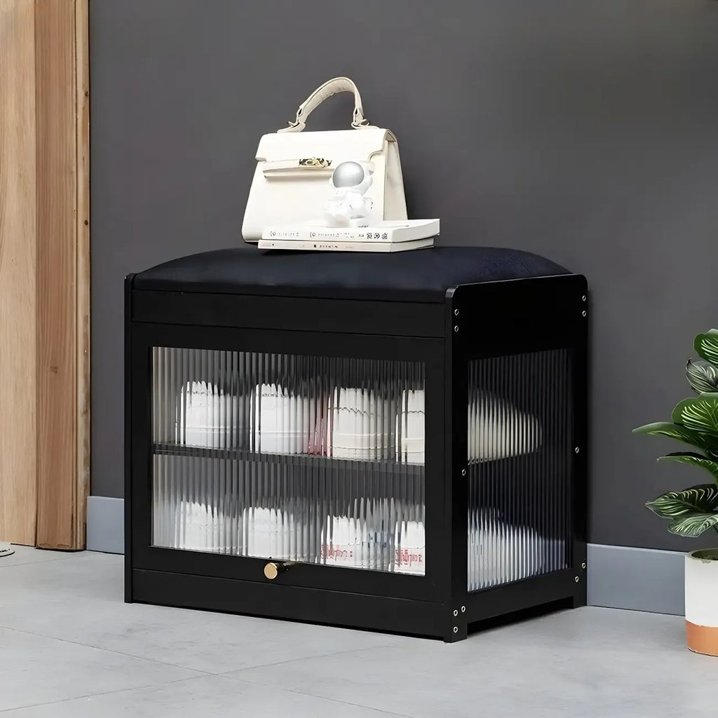 Banc de rangement à chaussures en bambou noir avec portes vitrées, entrée