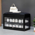 Banc de rangement à chaussures en bambou noir avec portes vitrées, entrée