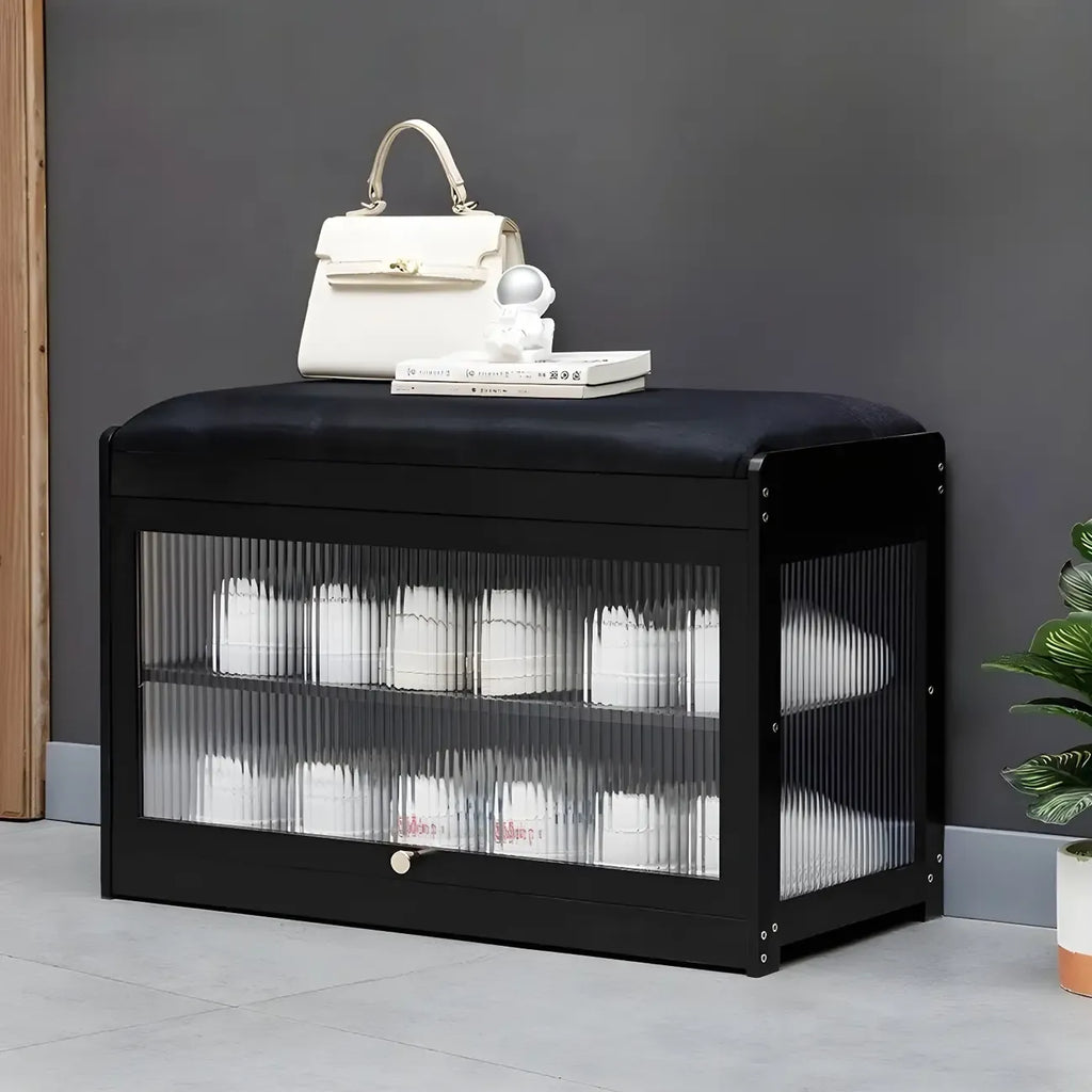 Banc de rangement à chaussures en bambou noir avec portes vitrées, entrée